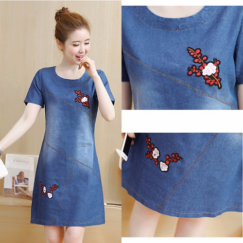 ĐÀM JEAN SUÔNG CỔ TRÒN THÊU HOA